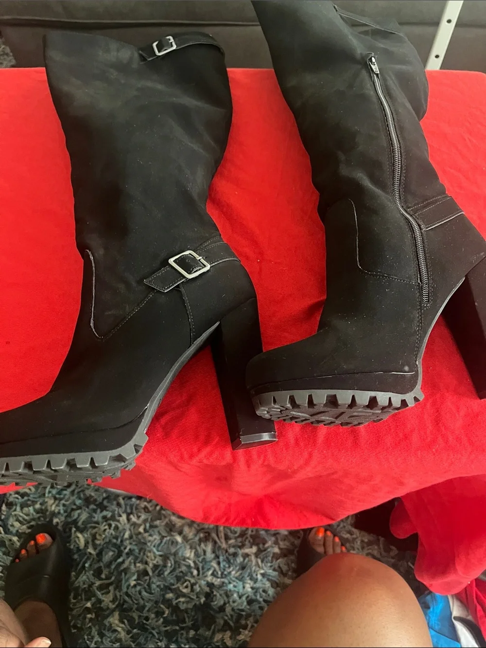 Women's Black Over-the-Knee Buckle Block Heel Boots